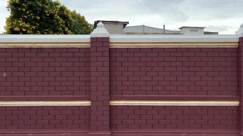 Red Brick Temple Wall, Old Building Factory And Trees On White Sky Background Stock Footage 283465600