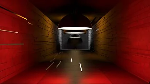 Red Brick Tunnel with Hanging Dome Lamp and Road Markings Stock Illustration