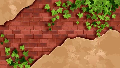 Red brick wall background, old stone texture, green ivy leaf, dirty plaster Illustrazione stock