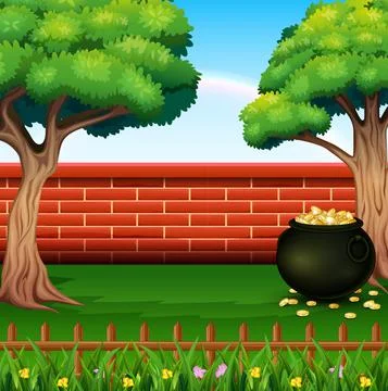 Red brick wall background with pot of coins Stock Illustration