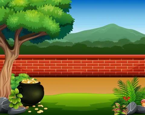 Red brick wall background with pot of coins Stock Illustration