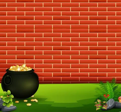 Red brick wall background with pot of coins Stock Illustration
