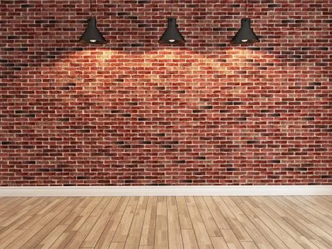 Red brick wall decoration under the three spot light rendering Stock Illustration
