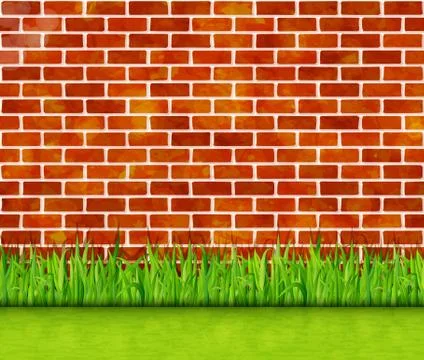 Red brick wall with green grass vector background Stock Illustration