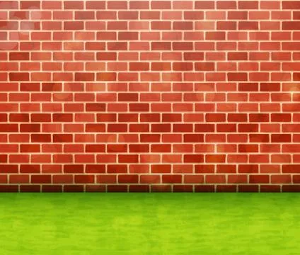 Red brick wall with green grass vector background Stock Illustration