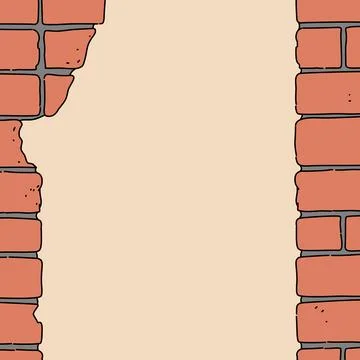 A red brick wall with a hole in it and a blank space. Orange background with blo Stock-Illustration