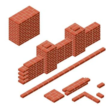 Red brick wall in isometric view. Construction of buildings. Stock Illustration