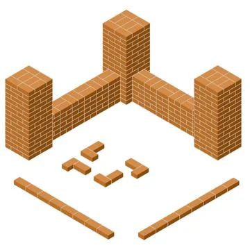 Red brick wall in isometric view. Construction of buildings. 스톡 일러스트