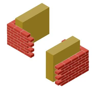 Red brick wall in isometry with layers of plaster and insulation. Stock Illustration