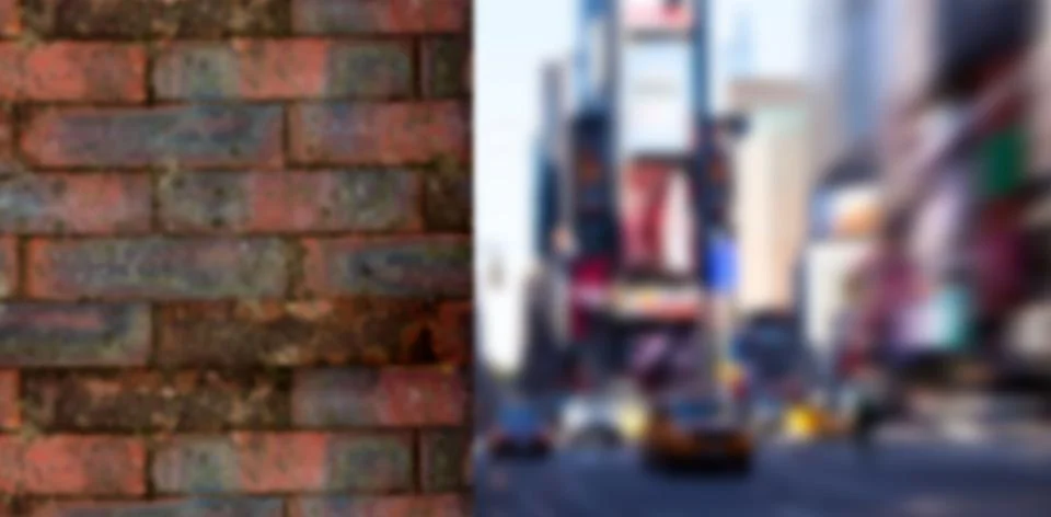Red brick wall is splitting flat vector scene beside blurred busy street, with Ilustración de archivo