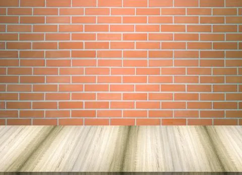 Red brick wall texture and natural patterned wood floor, no people 스톡 사진