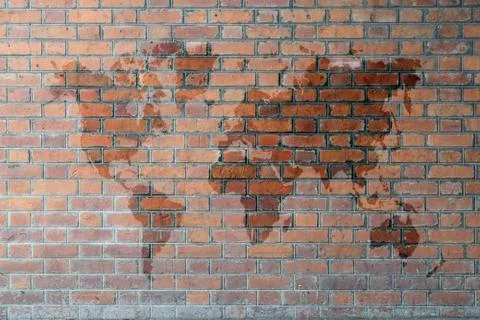 Red Brick wall texture background with world map Stock Illustration