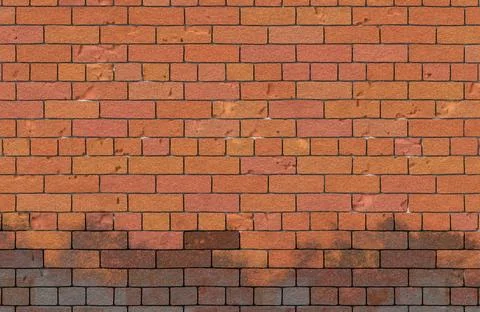Red brick wall texture with dark damp lower section and weathered masonry 스톡 일러스트