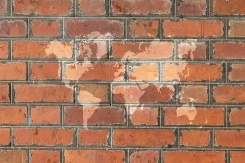Red Brick wall texture surface with world map Stock Illustration