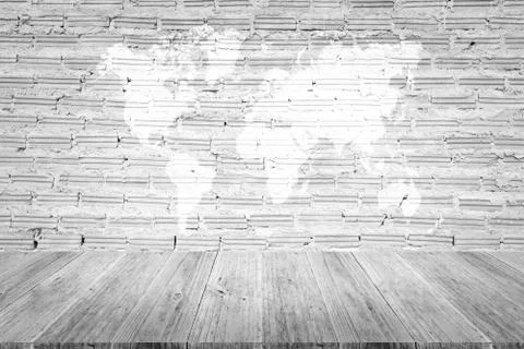 Red Brick wall texture surface with Wood terrace and world map 스톡 사진