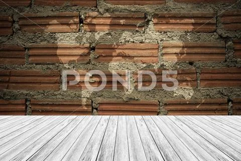 Red Brick wall texture surface vintage style with Wood terrace and world map Stock Photos