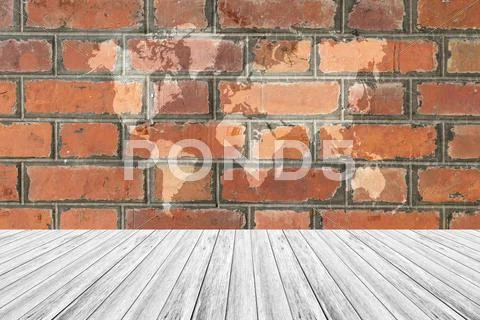 Red Brick wall texture surface with Wood terrace and world map Stock Photos