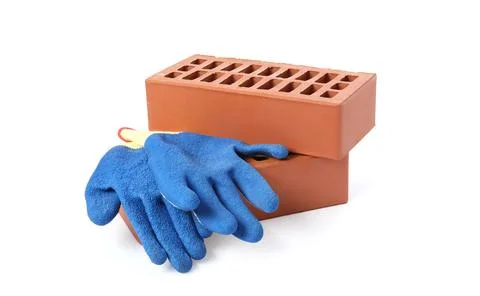 Red bricks and gloves on white background Stock Photos