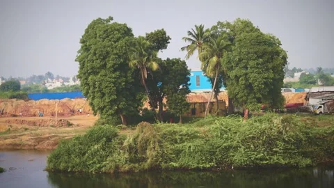 Red bricks making place behind the pond Stock Footage 226020042