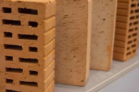 Red bricks on a shop window close-up. Building Fotos de archivo