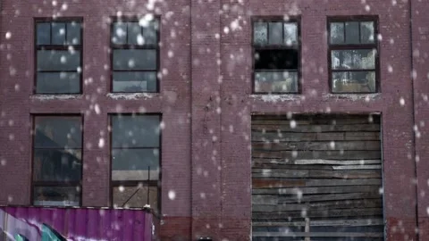 Red bricks wall building with windows. Drops from the fountain on foreground Stock Footage 159908775