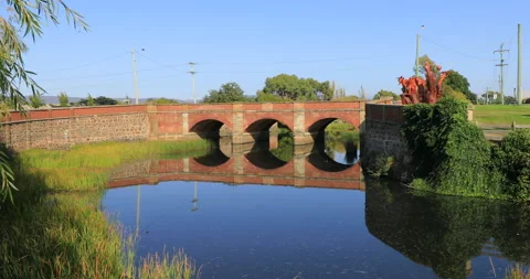 Red Bridge, built in 1838 by convict labour, Campbell Town, Tasmania, Australia Stock Footage 163022580