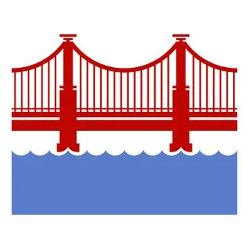Red Bridge Icon over River. Vector Illustration