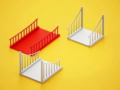 Red bridge part fitting white parts. Building bridges concept. 3D illustra... Stock Photos