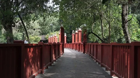 Red bridge passing through the trees Stock Footage 71614898