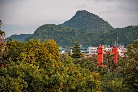 Red bridge on Sanduo Lu street in Guilin Stock Photos