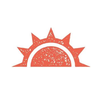 Red bright half sun with shining beams sunrise, sunset symbol decorative desi Stockillustratie