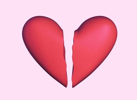 Red broken heart of classic shape in two parts, 3d render Stock Illustration