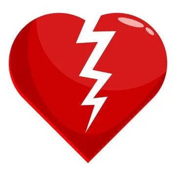 Red broken heart split by lightning bolt symbolizing painful breakup Illustrazione stock
