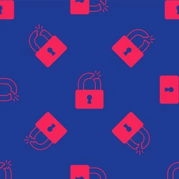 Red Broken or cracked lock icon isolated seamless pattern on blue background Stock Illustration