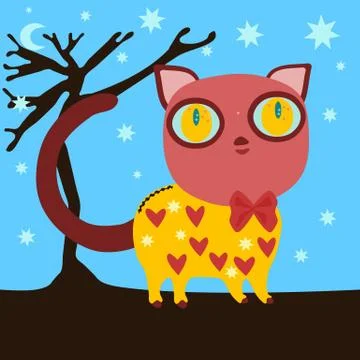 Red brown cat with big yellow eyes in cute yellow dress with hearts and stars Stock Illustration