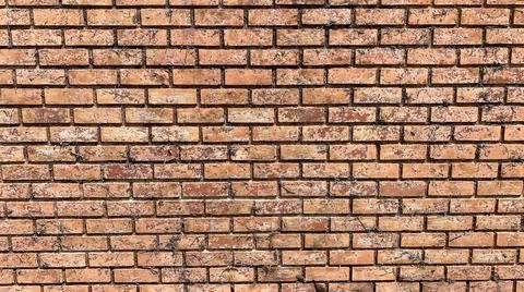 Red-brown weathered solid brick wall with traces of dirt, rugged surface. Stock Photos