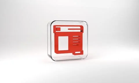 Red Browser window icon isolated on grey background. Glass square button. 3d Illustrazione stock