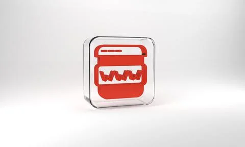 Red Browser window icon isolated on grey background. Glass square button. 3d  Illustrazione stock