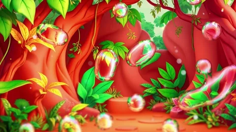 Red Bubble Forest Fantasy: Bright Spheres and Lush Foliage in a Dreamy Cartoon Stock Footage 308847129