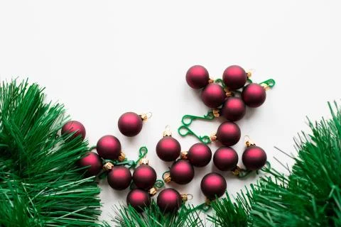 Red bubbles on a Christmas tree on a white background Stock Photos