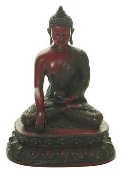 Red buddha statue meditating symbolizing peace and spirituality Stock-Fotos