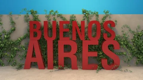 Red Buenos Aires title in front of ivy covered wall 3D render Stock Illustration