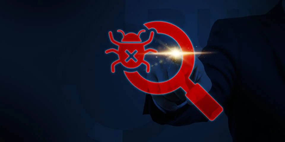 Red Bug Icon Security Scan Magnifier Finance Tech Business Stock-Illustration