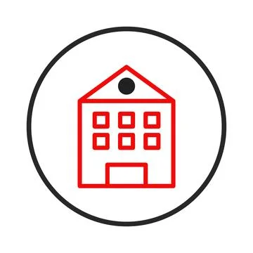 Red building icon inside a circle symbolizes property residential real esta.. Ilustración de archivo