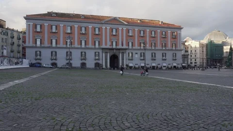 Red building on Piazza del Plebiscito in Naples Stock Footage 109407876