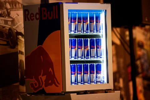 Red Bull drinks in fridge Stock Photos