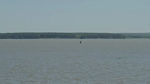 Red buoy floating on wide river under clear summer sky Stock Footage 337390469