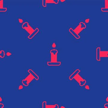 Red Burning candle in candlestick icon isolated seamless pattern on blue Illustrazione stock