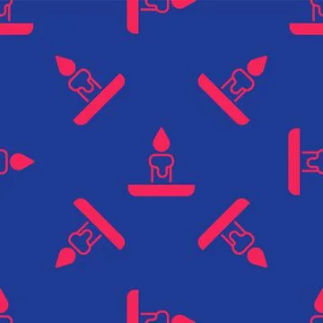 Red Burning candle in candlestick icon isolated seamless pattern on blue Illustrazione stock