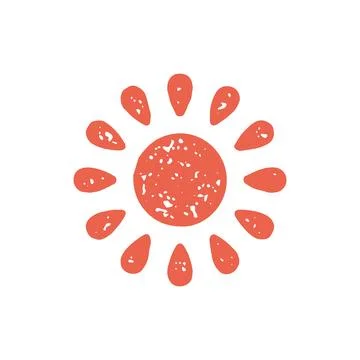 Red burning sun with curved drop shape rays heat warm summer temperature hand Stock Illustration